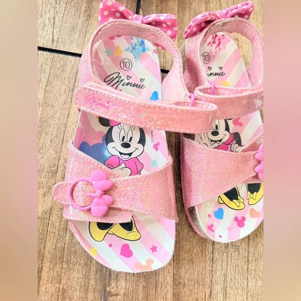 Disney Minnie Mouse glitter sandals for girls featuring a pink polka dot bow 10